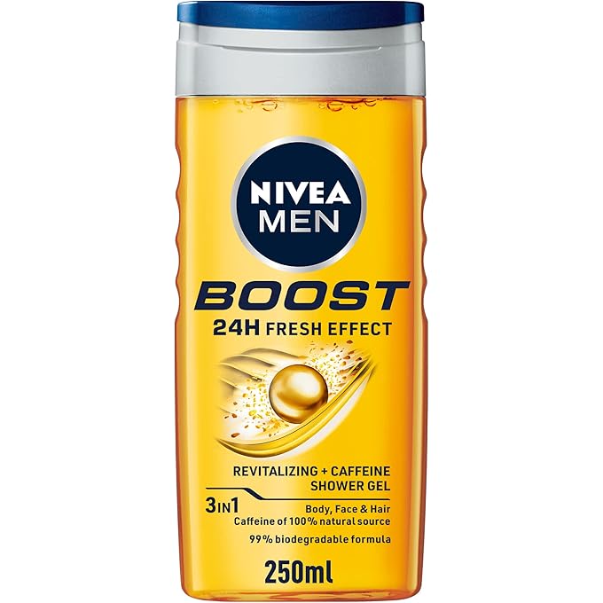 NIVEA MEN 3in1 Shower Gel Body Wash, Boost 24h Energy Caffeine & Biodegradable Formula, 250ml